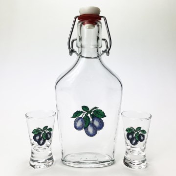 Set 1x glass bottle and 2x glass for shots clear with a plum motif