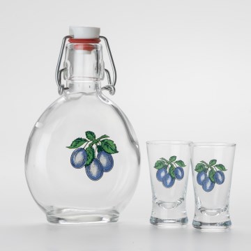 Set 1x glass bottle and 2x glass for shots clear with a plum motif