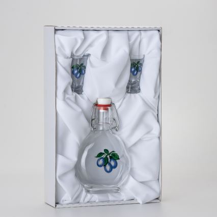Set 1x glass bottle and 2x glass for shots clear with a plum motif