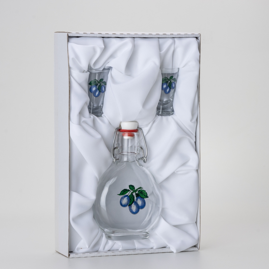 Set 1x glass bottle and 2x glass for shots clear with a plum motif