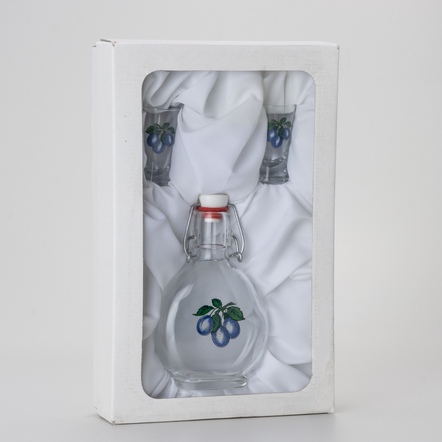 Set 1x glass bottle and 2x glass for shots clear with a plum motif