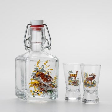 Set 1x glass bottle and 2x glass for shots clear with an animal motif - hare