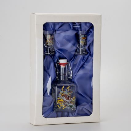 Set 1x glass bottle and 2x glass for shots clear with an animal motif - hare