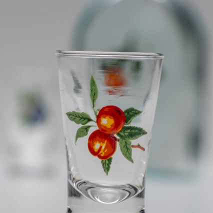 Set 1x glass bottle and 2x glass for shots clear with an apricot motif