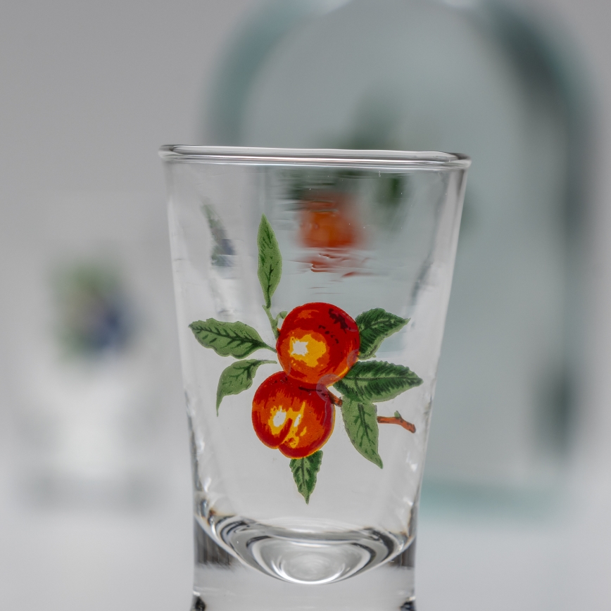 Set 1x glass bottle and 2x glass for shots clear with an apricot motif