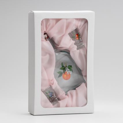 Set 1x glass bottle and 2x glass for shots clear with an apricot motif