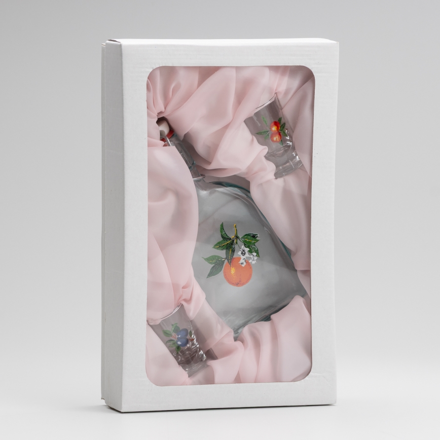 Set 1x glass bottle and 2x glass for shots clear with an apricot motif