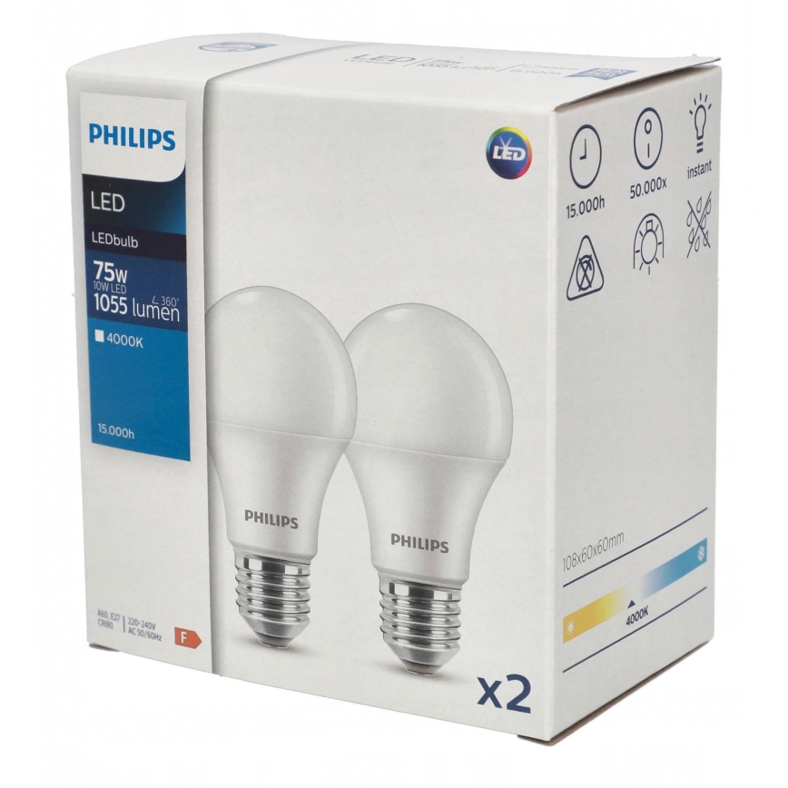 SET 2x LED Bulb Philips A60 E27/10W/230V 4000K