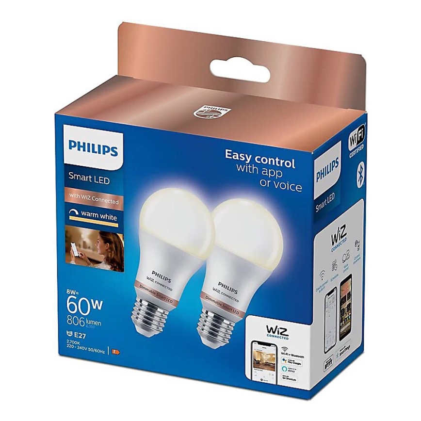 SET 2x LED Dimmable bulb Philips A60 E27/8W/230V Wi-Fi