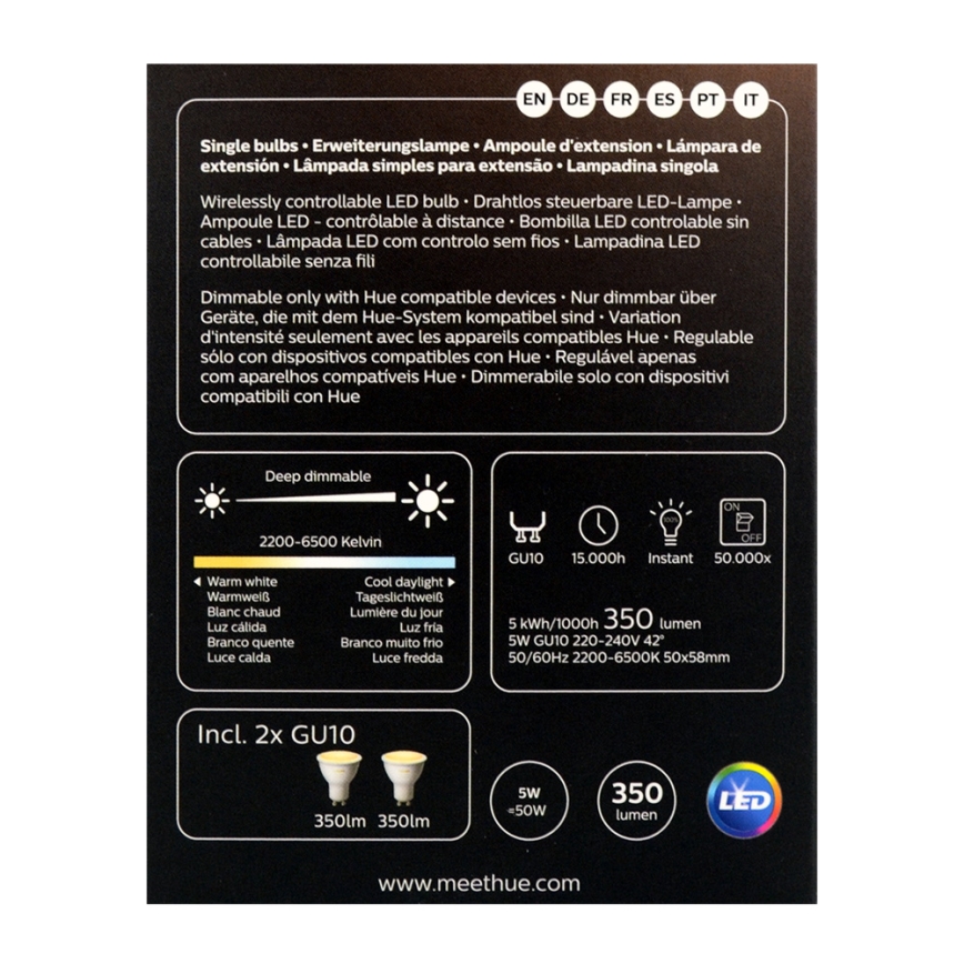 SET 2x LED Dimmable Bulb Philips Hue WHITE AMBIANCE GU10/5W/230V 2200–6500K