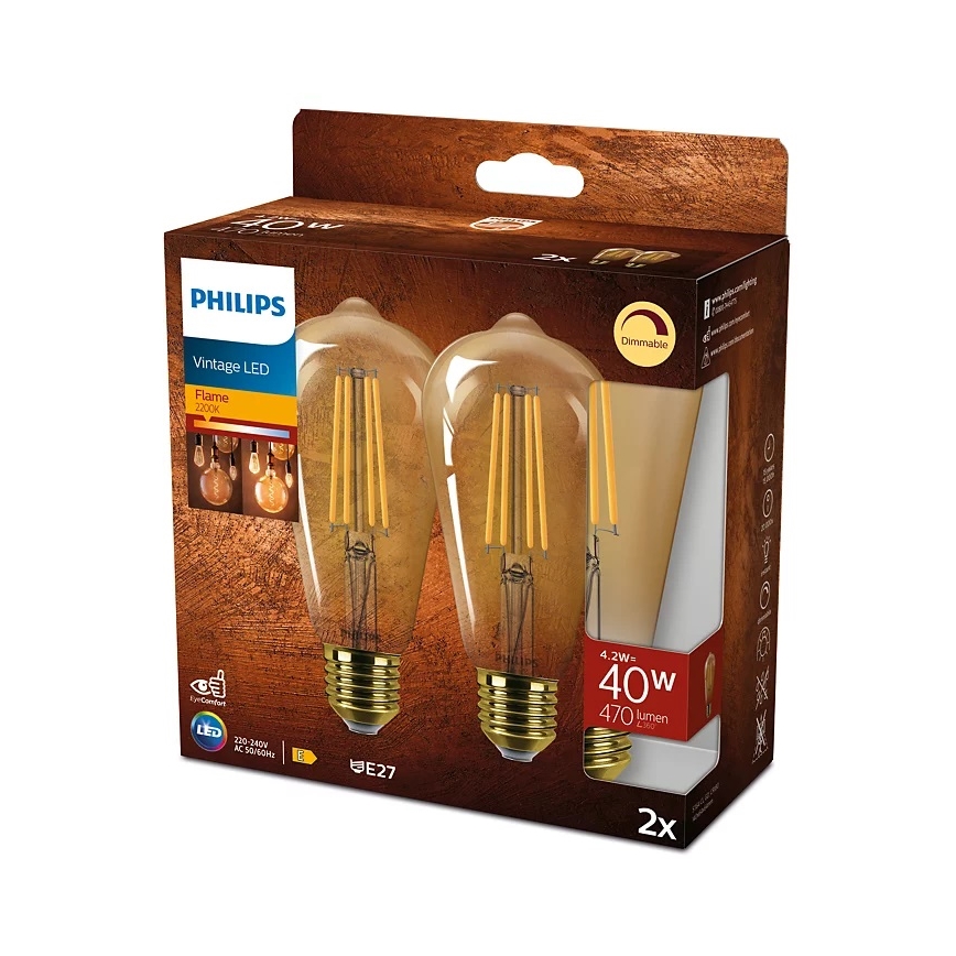 SET 2x LED Dimmable bulb VINTAGE Philips ST64 E27/4,2W/230V 2200K