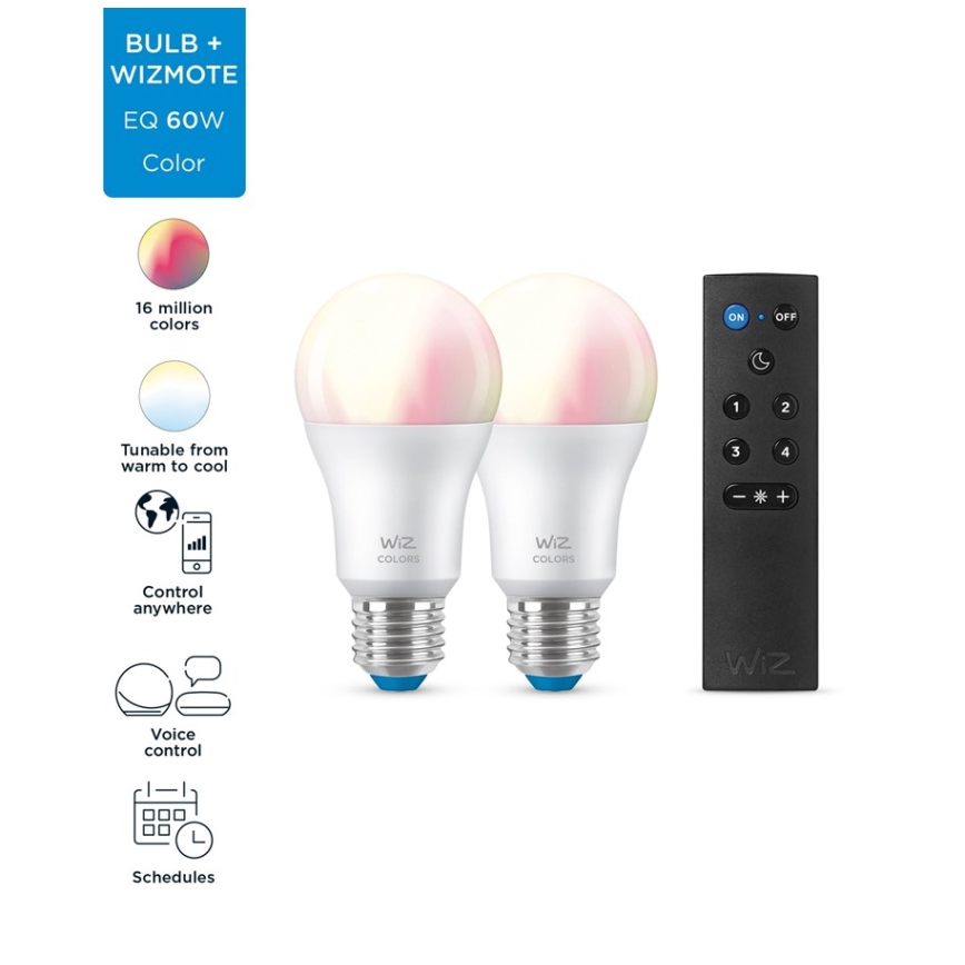 SET 2x LED RGBW Dimmable bulb A60 E27/8,5W/230V 2200-6500K Wi-Fi + remote control - WiZ