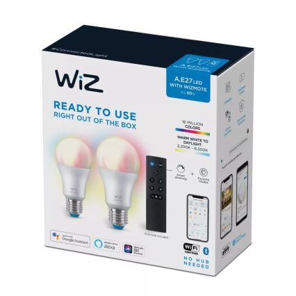 SET 2x LED RGBW Dimmable bulb A60 E27/8,5W/230V 2200-6500K Wi-Fi + remote control - WiZ