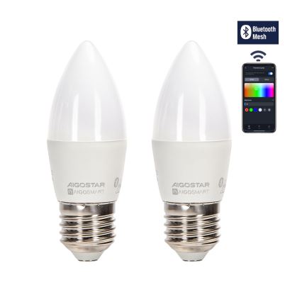 SET 2x LED RGBW Dimmable bulb MESH Smart C37 E27/6,5W/230V 2700-6500K + remote control - Aigostar