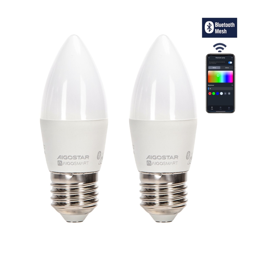 SET 2x LED RGBW Dimmable bulb MESH Smart C37 E27/6,5W/230V 2700-6500K + remote control - Aigostar