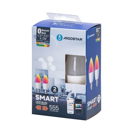 SET 2x LED RGBW Dimmable bulb MESH Smart C37 E27/6,5W/230V 2700-6500K + remote control - Aigostar