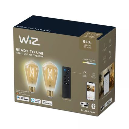 SET 2x LED Dimmable bulb ST64 E27/7W/230V 2000-5000K CRI 90 Wi-Fi + remote control - WiZ