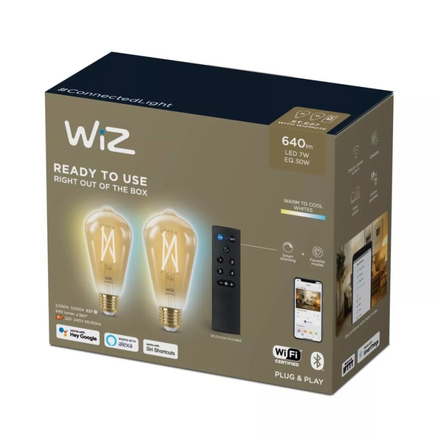 SET 2x LED Dimmable bulb ST64 E27/7W/230V 2000-5000K CRI 90 Wi-Fi + remote control - WiZ