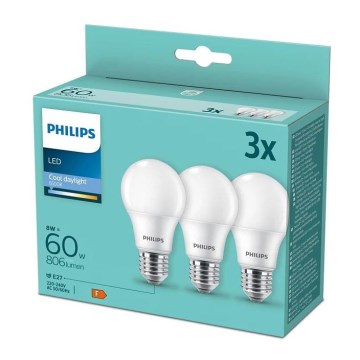 SET 3x LED Bulb Philips A60 E27/8W/230V 6500K