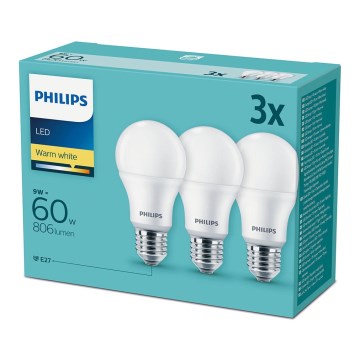 Set 3x LED Bulb Philips E27/9W/230V 2700K