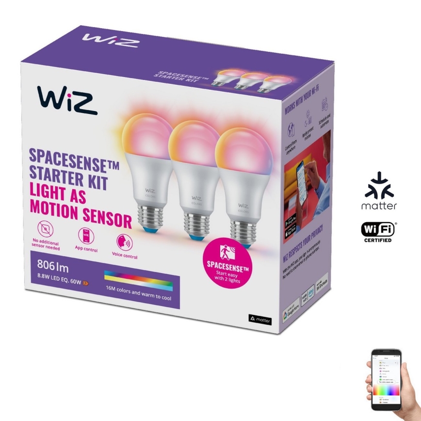 SET 3x LED RGBW Dimmable bulb A60 E27/8,8W/230V 2200-6500K Wi-Fi - WiZ