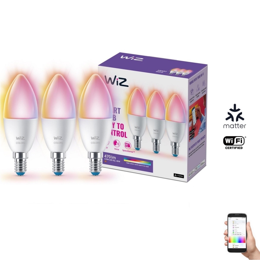 SET 3x LED RGBW Dimmable bulb C37 E14/4,9W/230V 2200-6500K CRI 90 Wi-Fi - WiZ