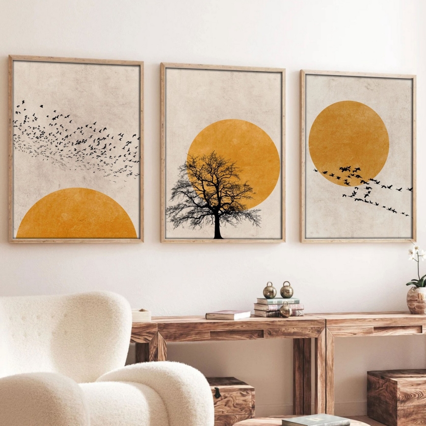 SET 3x Picture in a photo frame 50x70 cm beige/yellow