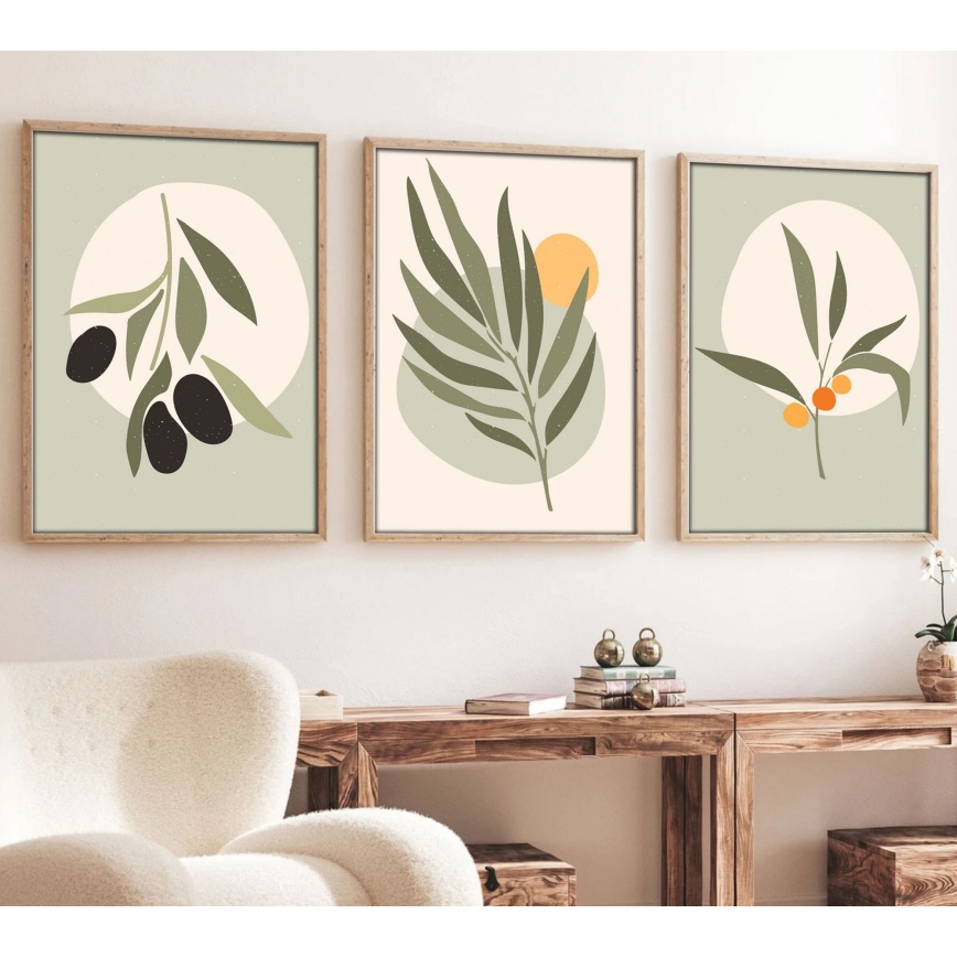 SET 3x Picture in a photo frame 50x70 cm leaves