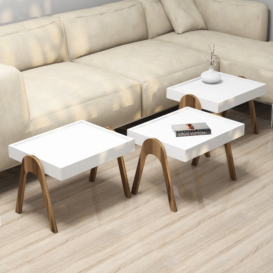 SET 3x Side table ROMA white/brown