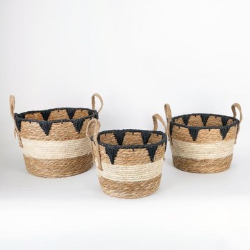 SET 3x Straw basket beige/black 27x20/30x22/36x28 cm