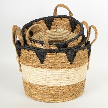 SET 3x Straw basket beige/black 27x20/30x22/36x28 cm