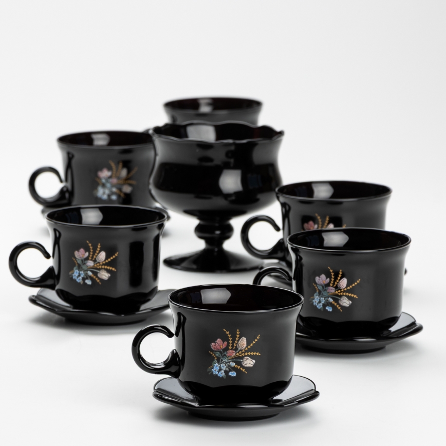 Set 6x glass cup with a saucer and 1x sugar bowl black bouquet no. 1