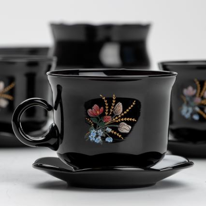 Set 6x glass cup with a saucer and 1x sugar bowl black bouquet no. 1