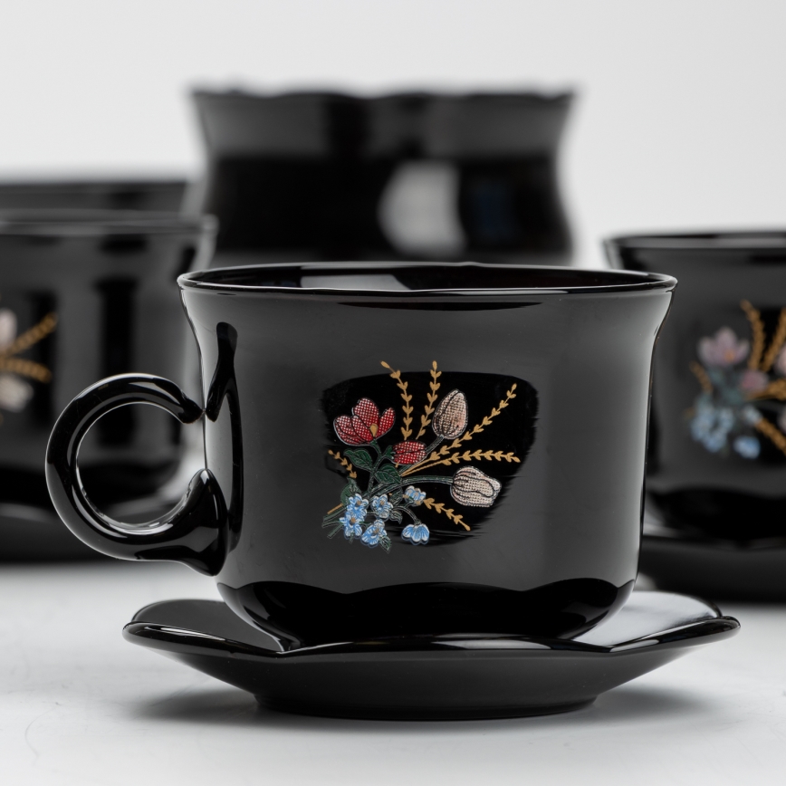 Set 6x glass cup with a saucer and 1x sugar bowl black bouquet no. 1