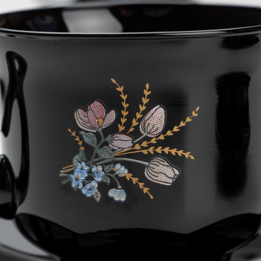 Set 6x glass cup with a saucer and 1x sugar bowl black bouquet no. 1
