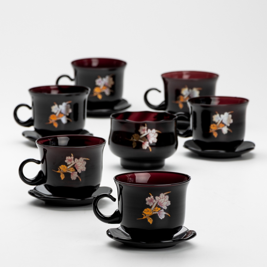 Set 6x glass cup with a saucer and 1x sugar bowl black bouquet no. 3
