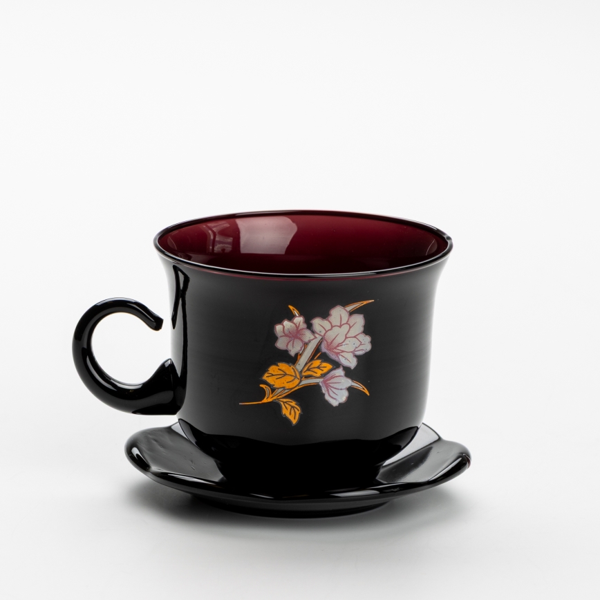 Set 6x glass cup with a saucer and 1x sugar bowl black bouquet no. 3