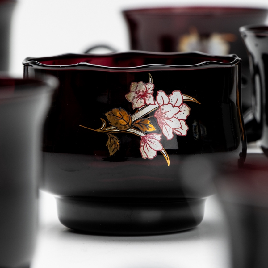 Set 6x glass cup with a saucer and 1x sugar bowl black bouquet no. 3