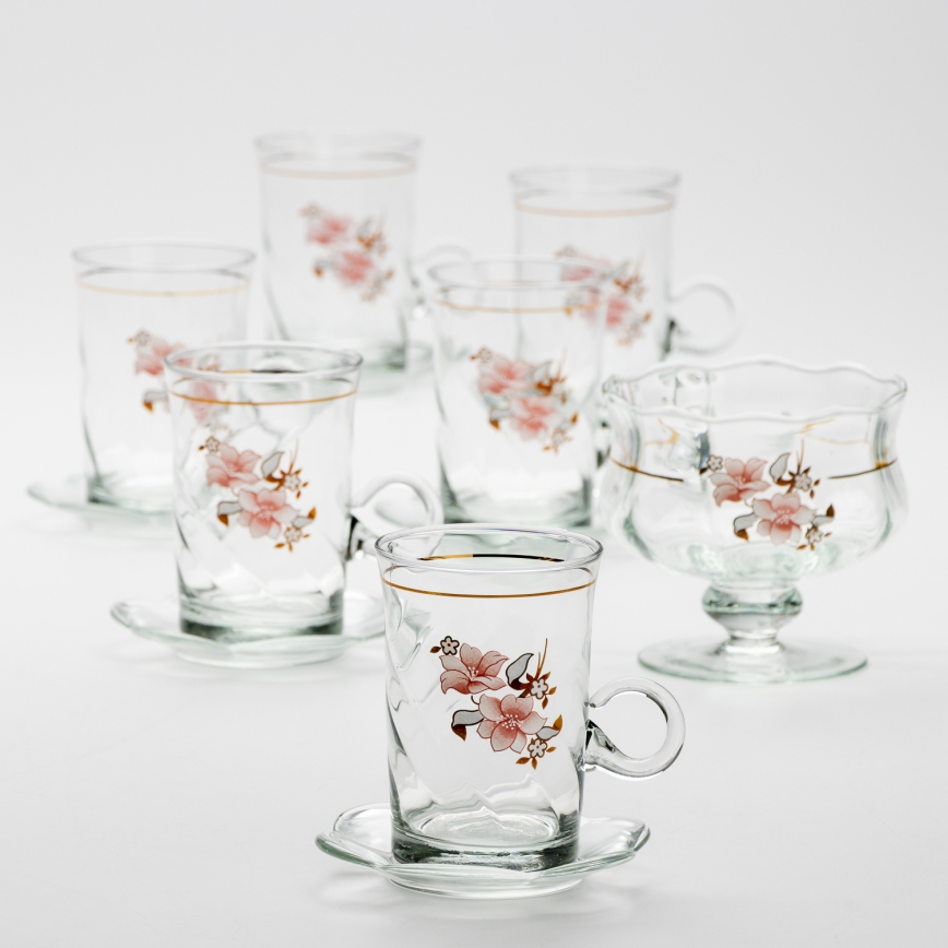 Set 6x glass cup with a saucer and 1x sugar bowl clear bouquet no. 2