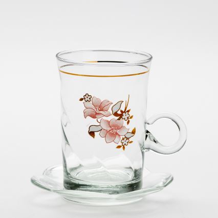 Set 6x glass cup with a saucer and 1x sugar bowl clear bouquet no. 2