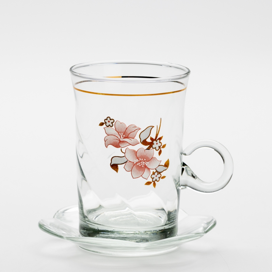 Set 6x glass cup with a saucer and 1x sugar bowl clear bouquet no. 2