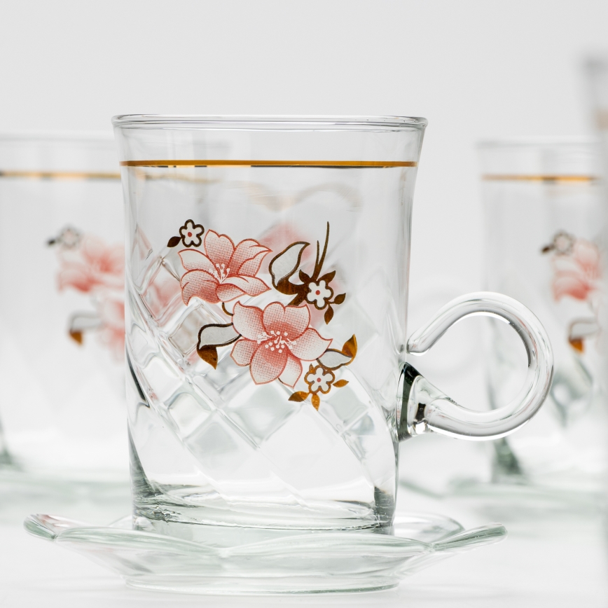 Set 6x glass cup with a saucer and 1x sugar bowl clear bouquet no. 2
