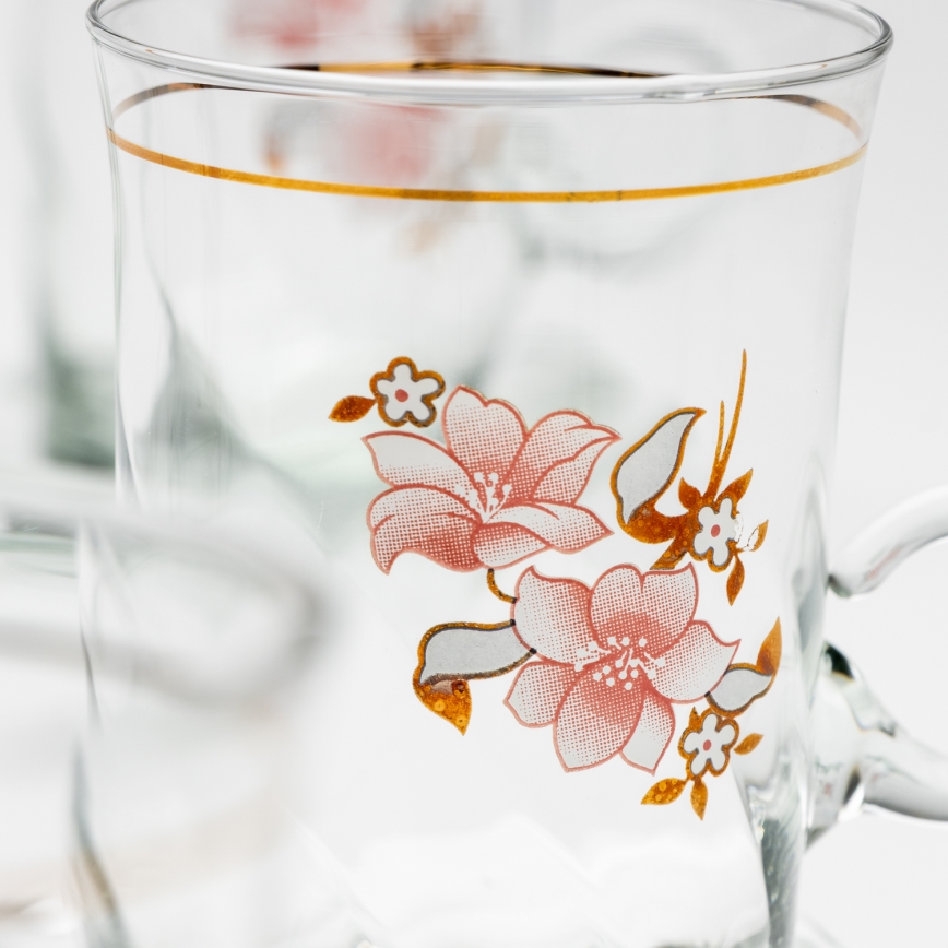 Set 6x glass cup with a saucer and 1x sugar bowl clear bouquet no. 2