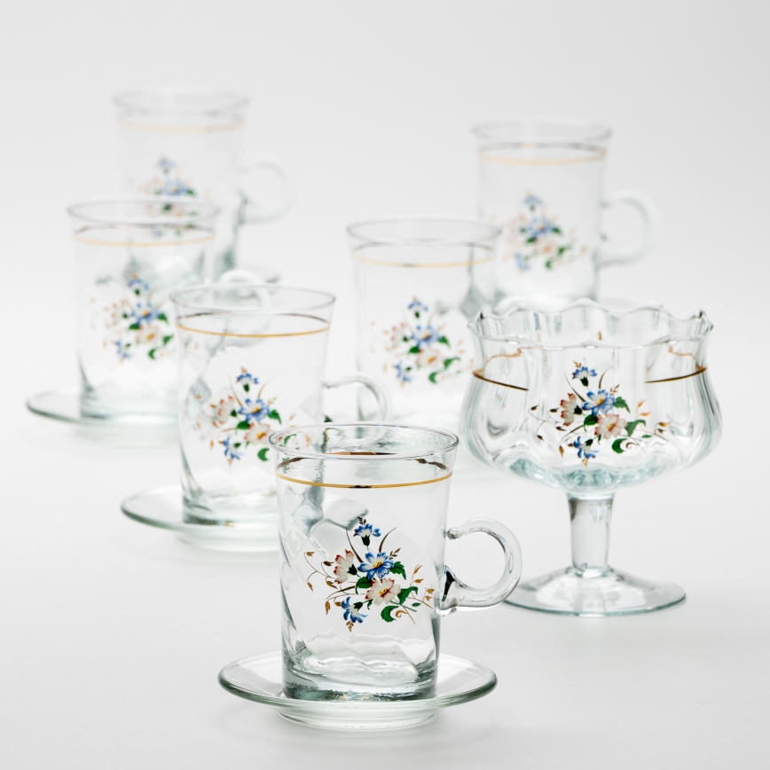 Set 6x glass cup with a saucer and 1x sugar bowl clear bouquet no. 3