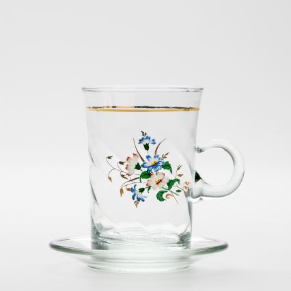 Set 6x glass cup with a saucer and 1x sugar bowl clear bouquet no. 3