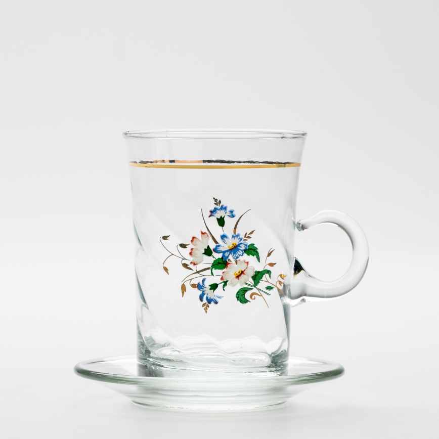 Set 6x glass cup with a saucer and 1x sugar bowl clear bouquet no. 3