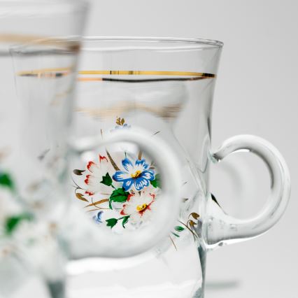 Set 6x glass cup with a saucer and 1x sugar bowl clear bouquet no. 3
