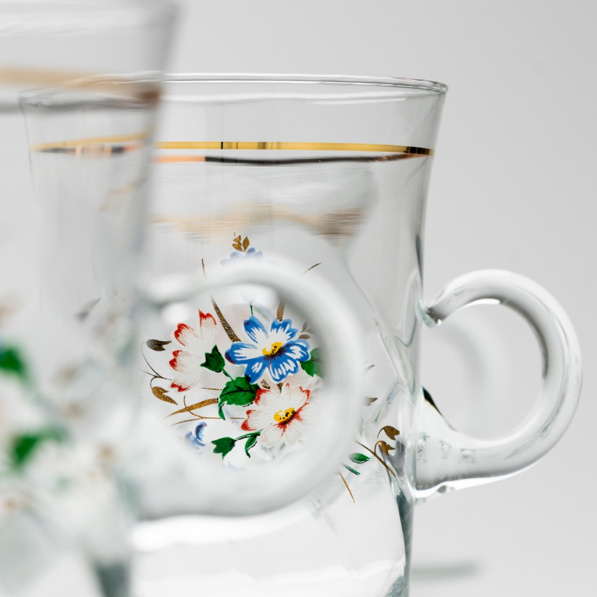 Set 6x glass cup with a saucer and 1x sugar bowl clear bouquet no. 3