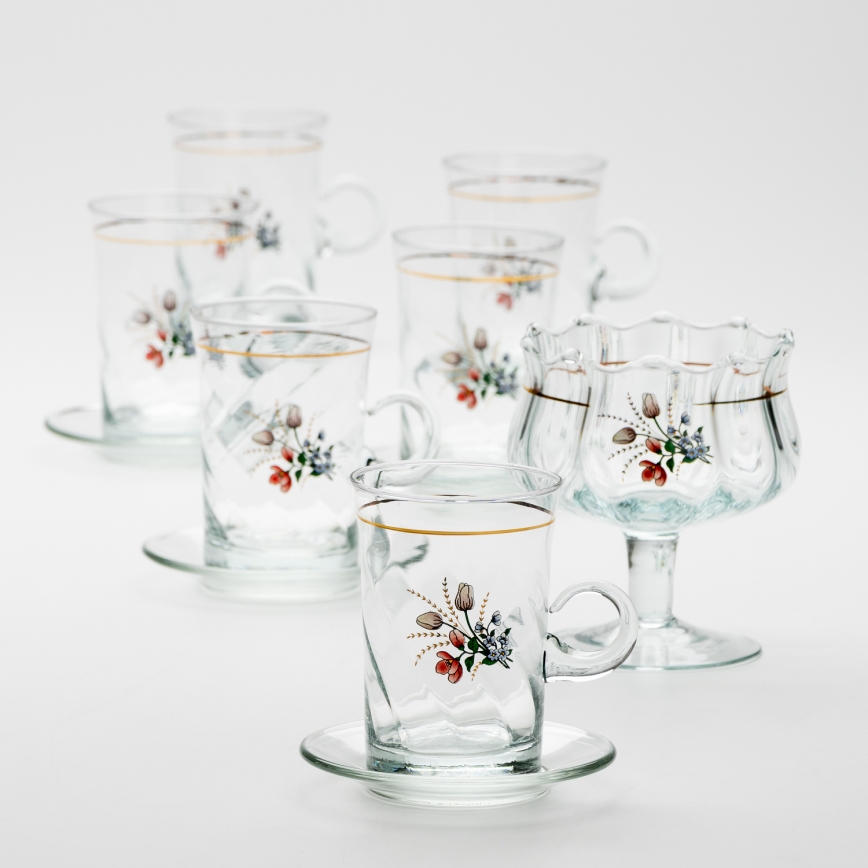 Set 6x glass cup with a saucer and 1x sugar bowl clear bouquet no. 4