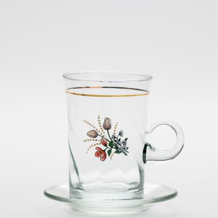 Set 6x glass cup with a saucer and 1x sugar bowl clear bouquet no. 4